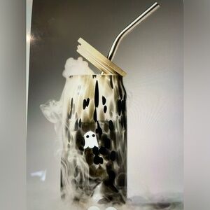 ❤️ ANTHROPOLOGIE MYSTIC CONFETTI GHOST ICON JUICE GLASS TUMBLER WITH LID NEW